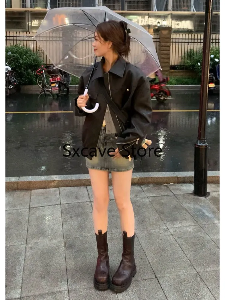 deanwangkt  Autumn Vintage Leather Jackets Women Outwear Casual Long Sleeve Loose Korean Coats Office Lady Y2k Clothing Chic