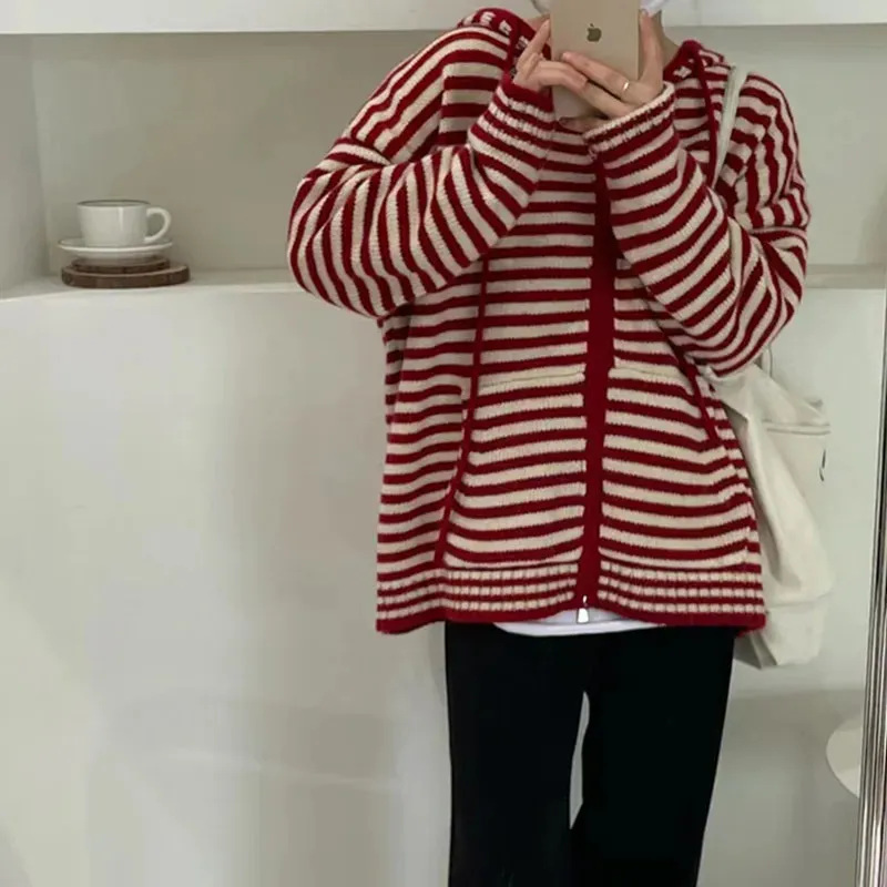 deanwangkt Autumn Winter Red Stripes Hooded Knit Cardigan Woman Korean Fashion Loose Casual Sweater Zipper Coat Oversized Long Sleeve Top