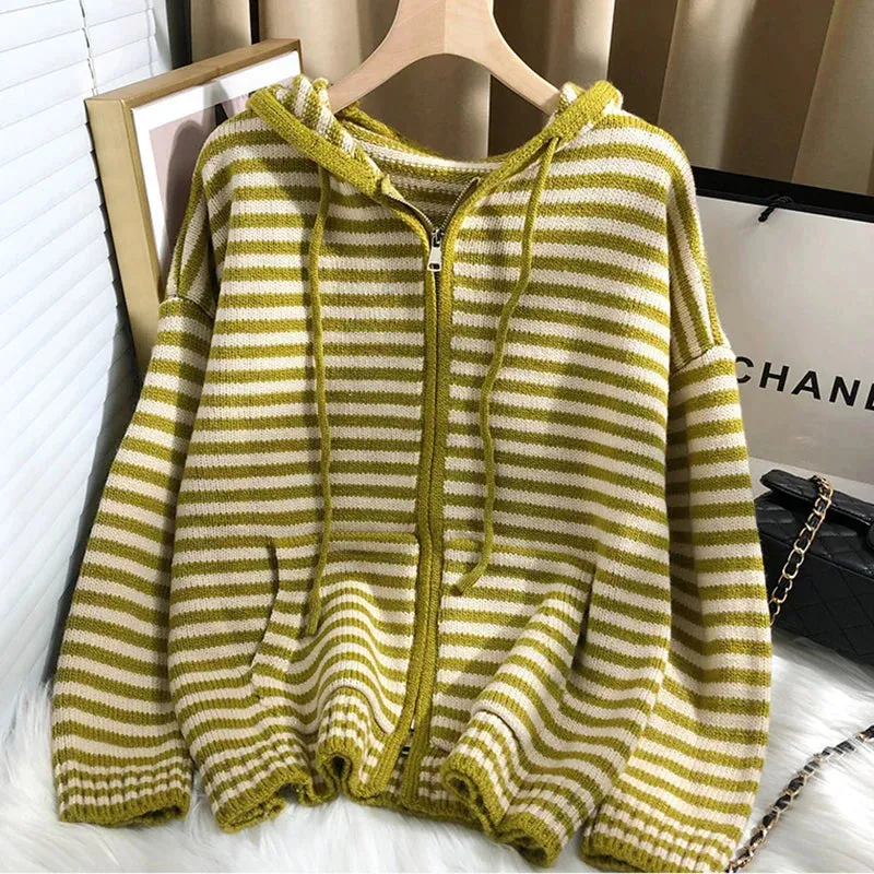 deanwangkt Autumn Winter Red Stripes Hooded Knit Cardigan Woman Korean Fashion Loose Casual Sweater Zipper Coat Oversized Long Sleeve Top