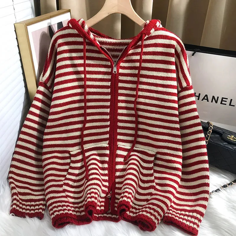 deanwangkt Autumn Winter Red Stripes Hooded Knit Cardigan Woman Korean Fashion Loose Casual Sweater Zipper Coat Oversized Long Sleeve Top