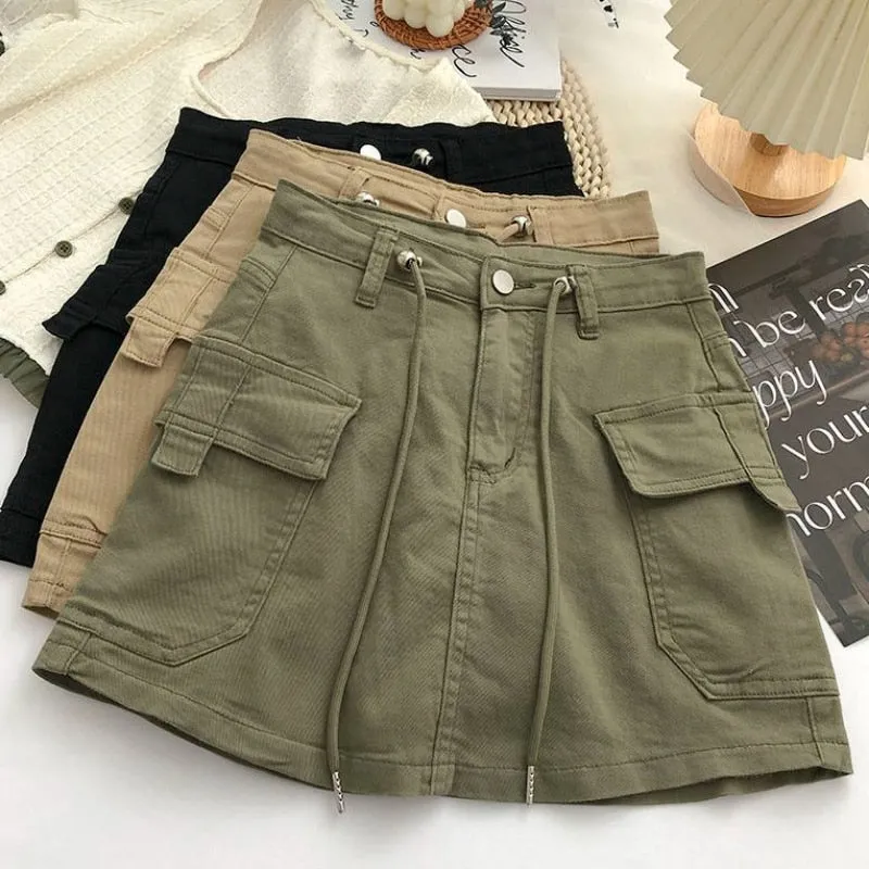 Denim Skirts Women Summer Solid Vintage Korean Style Fashion All-match Drawstring High Waist Pockets Daily Casual Simple Chic