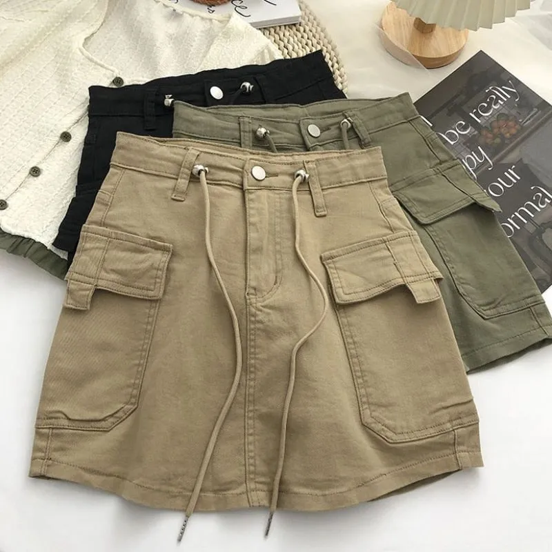 Denim Skirts Women Summer Solid Vintage Korean Style Fashion All-match Drawstring High Waist Pockets Daily Casual Simple Chic