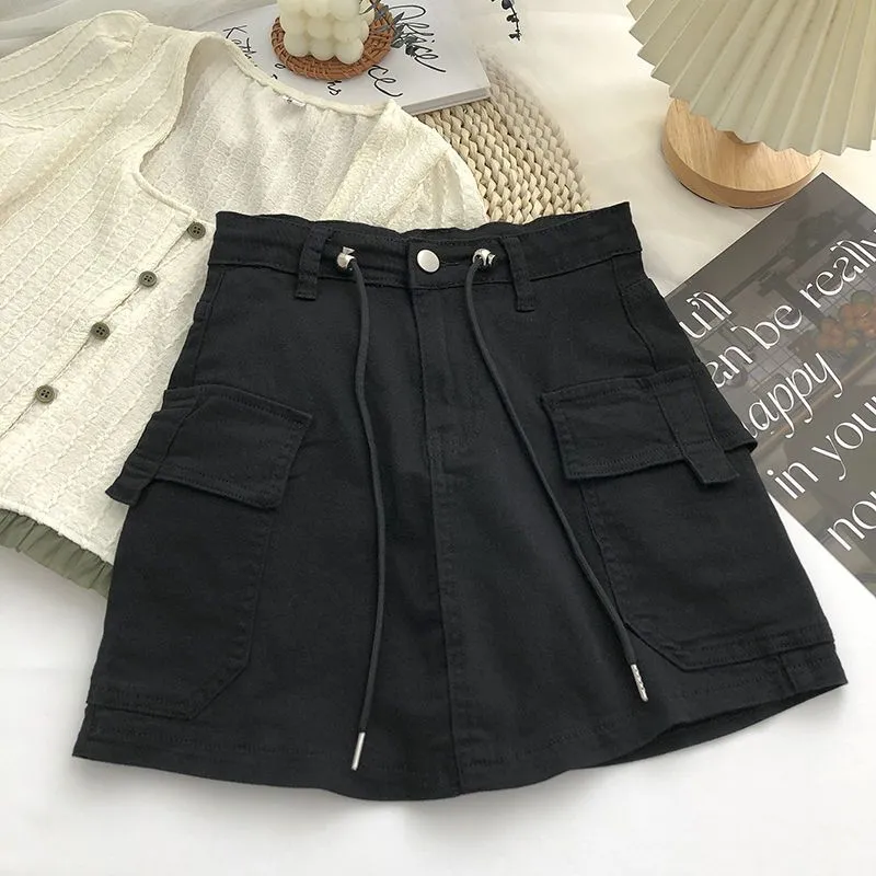 Denim Skirts Women Summer Solid Vintage Korean Style Fashion All-match Drawstring High Waist Pockets Daily Casual Simple Chic