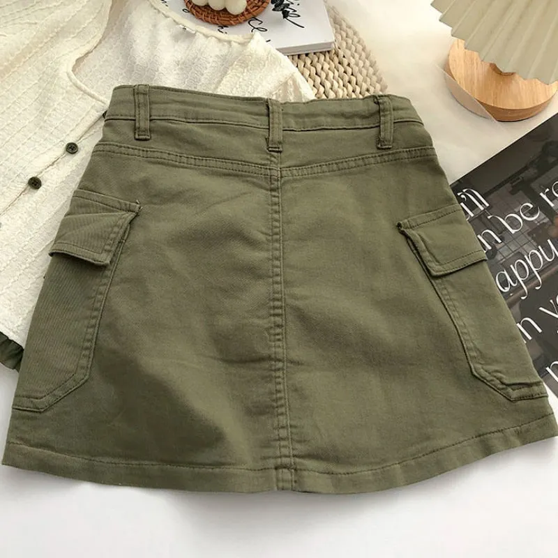 Denim Skirts Women Summer Solid Vintage Korean Style Fashion All-match Drawstring High Waist Pockets Daily Casual Simple Chic