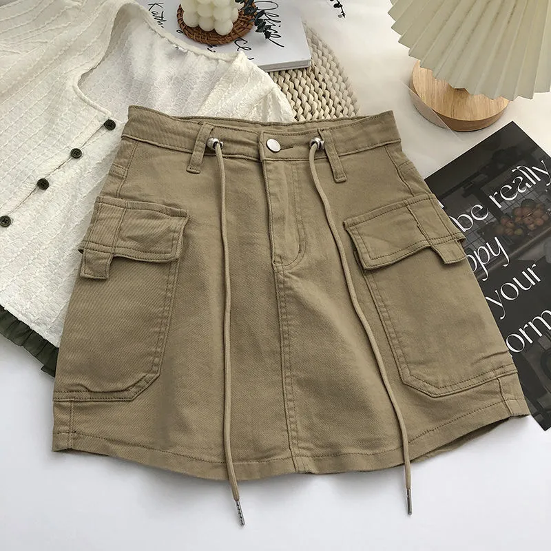 Denim Skirts Women Summer Solid Vintage Korean Style Fashion All-match Drawstring High Waist Pockets Daily Casual Simple Chic