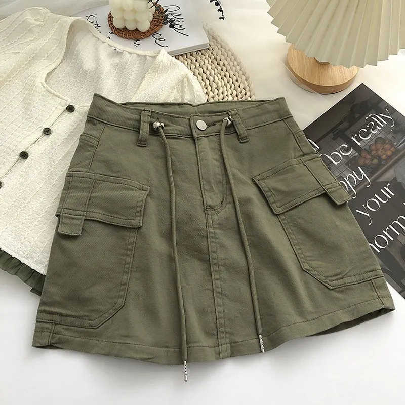 Denim Skirts Women Summer Solid Vintage Korean Style Fashion All-match Drawstring High Waist Pockets Daily Casual Simple Chic