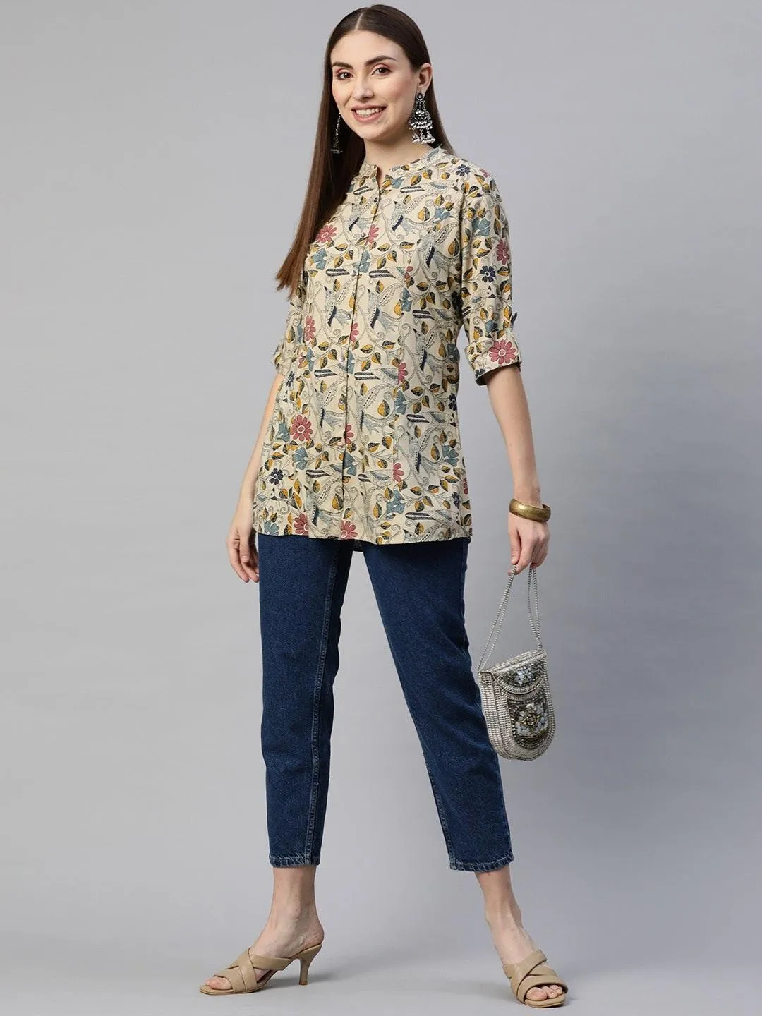 Divena Beige Multi Floral Rayon A-line Shirts Style Top