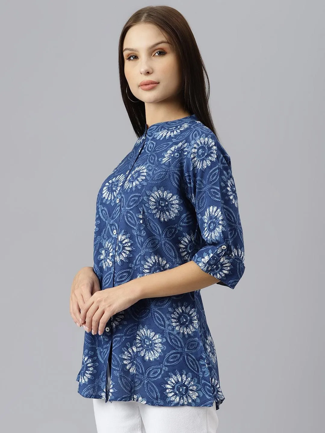 Divena Blue Floral Rayon A-line Shirts Style Top