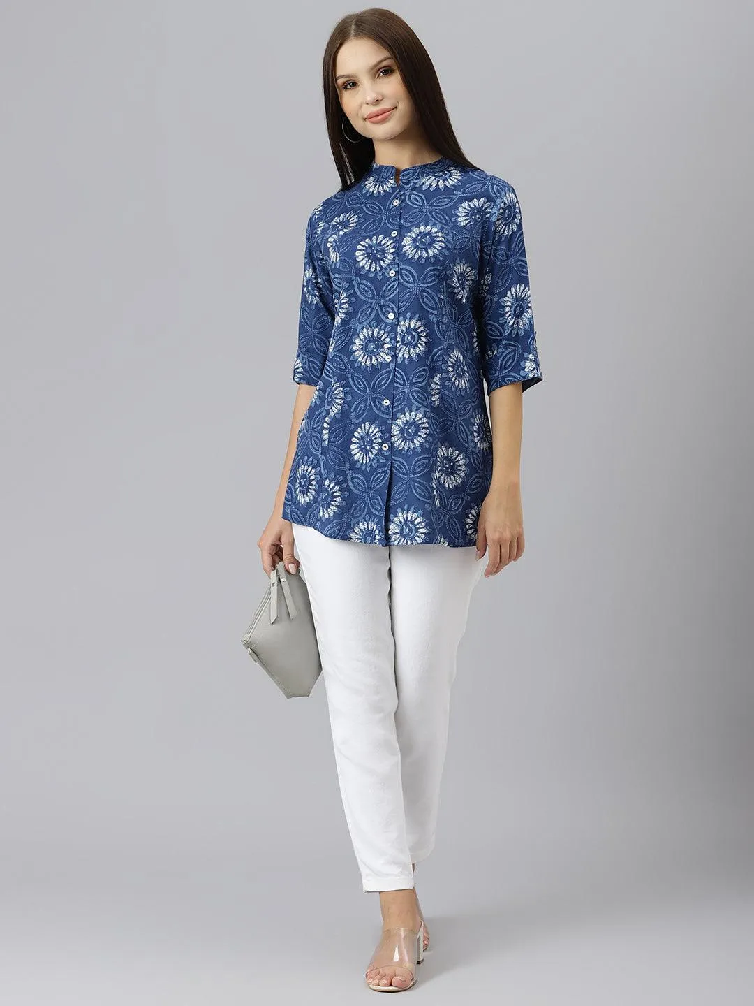 Divena Blue Floral Rayon A-line Shirts Style Top