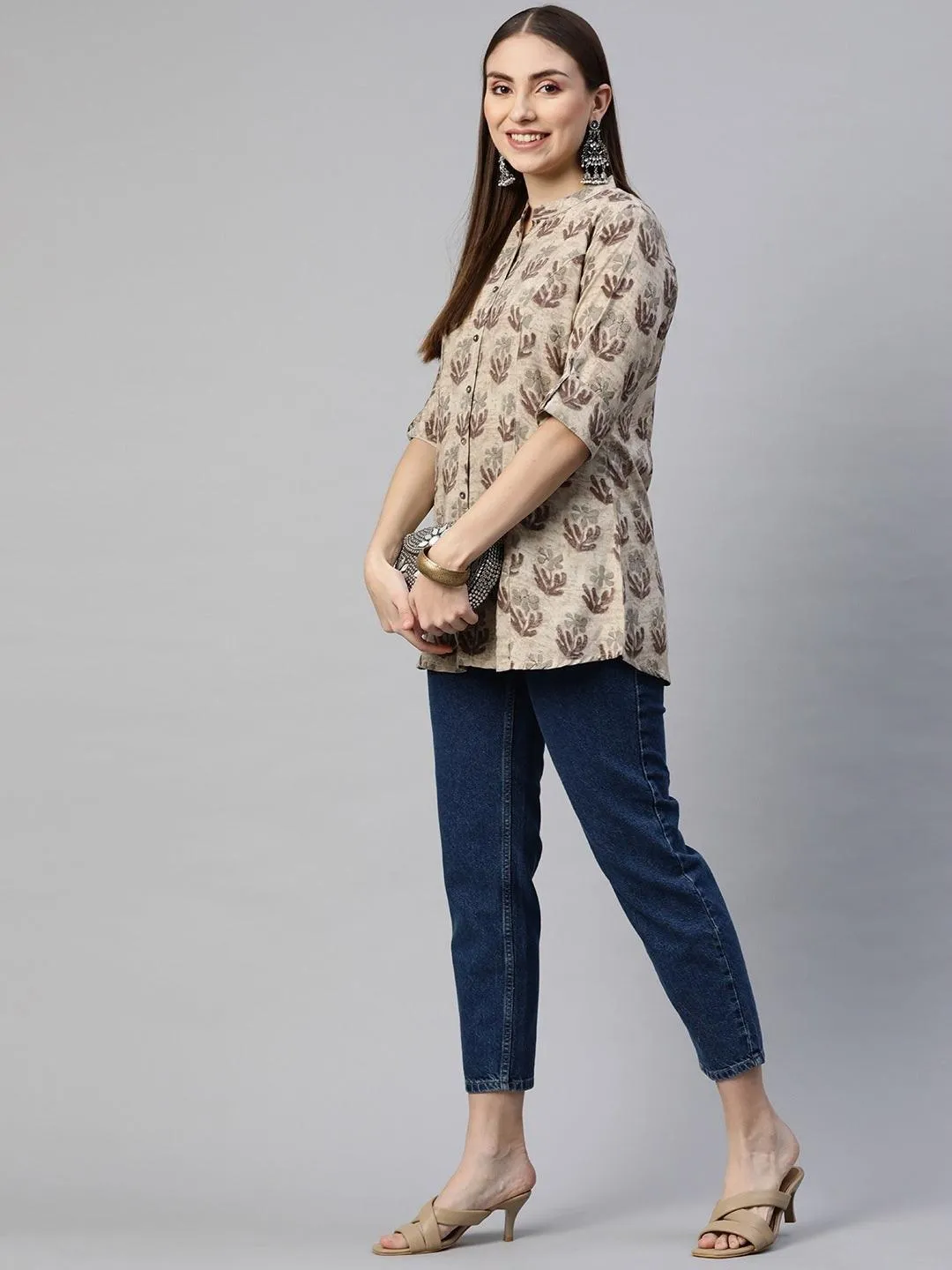 Divena Brown Floral Rayon A-Line Shirt Style Top