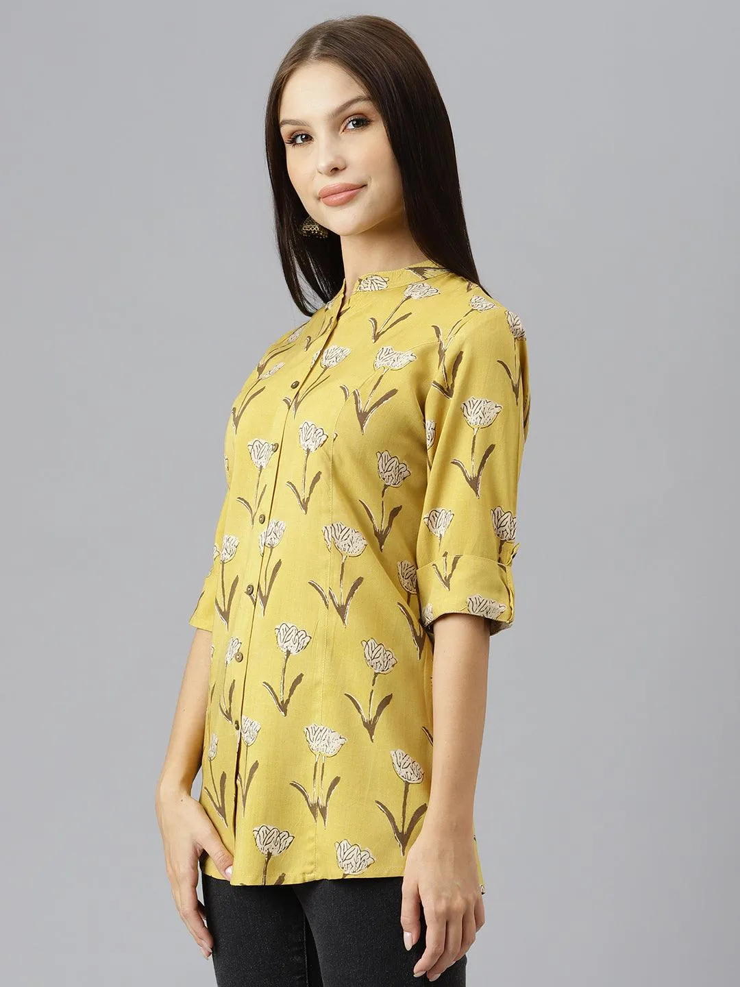 Divena Mustard Floral Rayon A-line Shirts Style Top