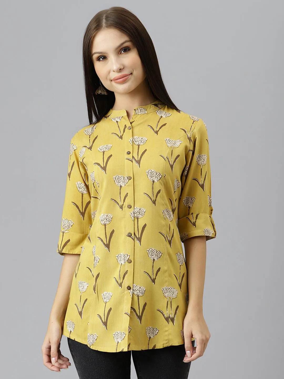 Divena Mustard Floral Rayon A-line Shirts Style Top