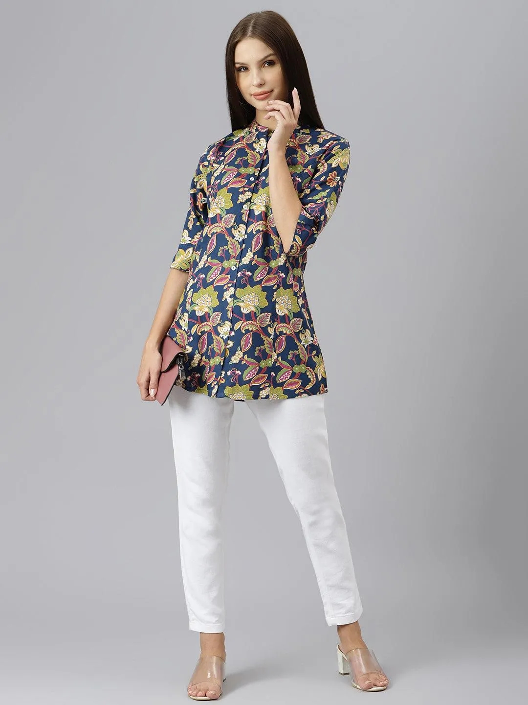 Divena Navy Blue Floral Rayon A-line Shirts Style Top