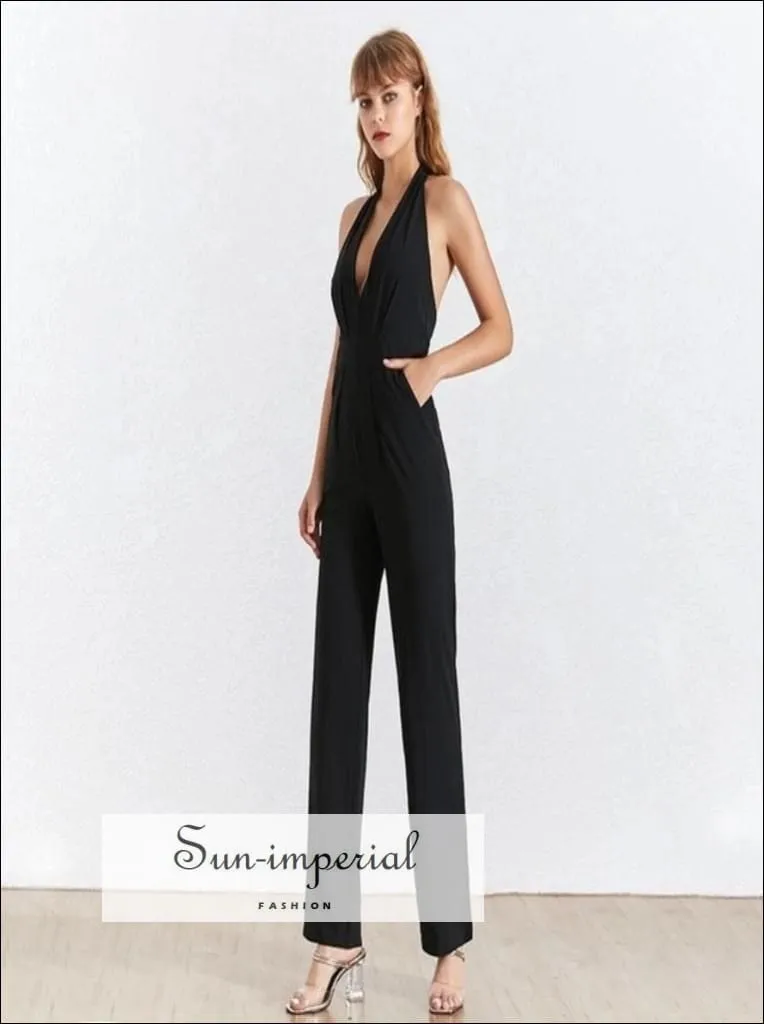 Dole Jumpsuit - Women Jumpsuit V Neck Halter Sleeveless High Waist Backless Wide Leg Pants