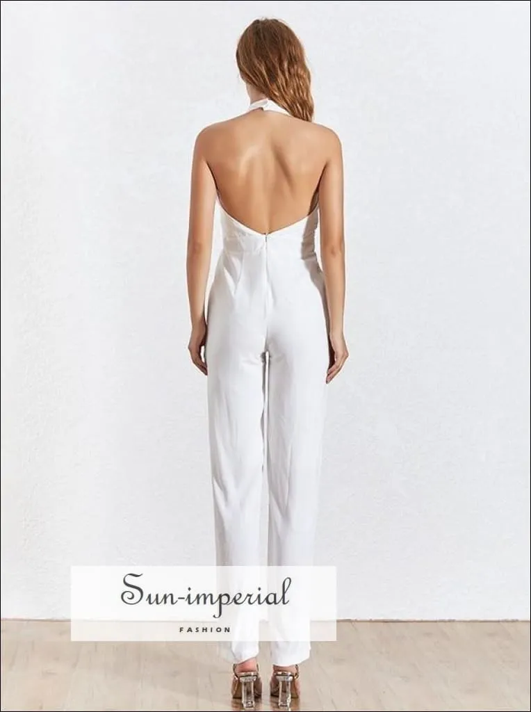 Dole Jumpsuit - Women Jumpsuit V Neck Halter Sleeveless High Waist Backless Wide Leg Pants