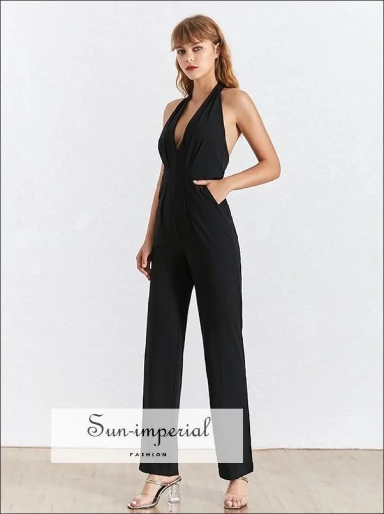 Dole Jumpsuit - Women Jumpsuit V Neck Halter Sleeveless High Waist Backless Wide Leg Pants