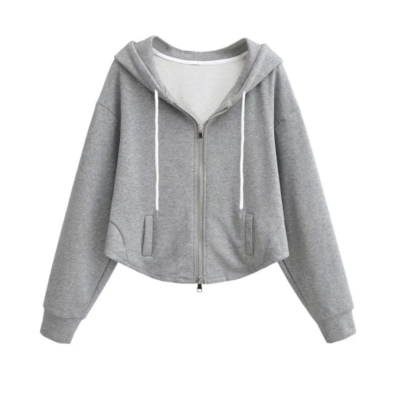 Double Headed Zipper Drawstring Hoodie Women Clothing Curved Hem Hoodie Warm