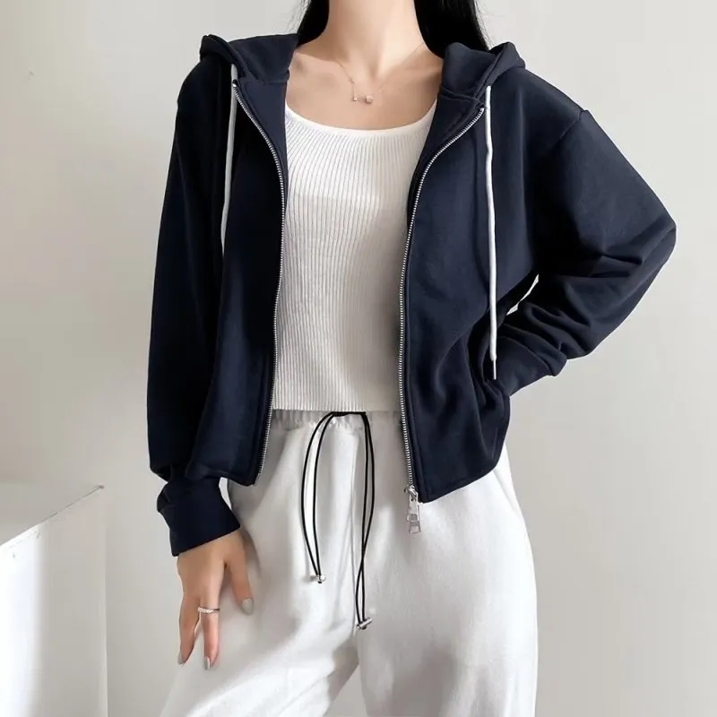 Double Headed Zipper Drawstring Hoodie Women Clothing Curved Hem Hoodie Warm