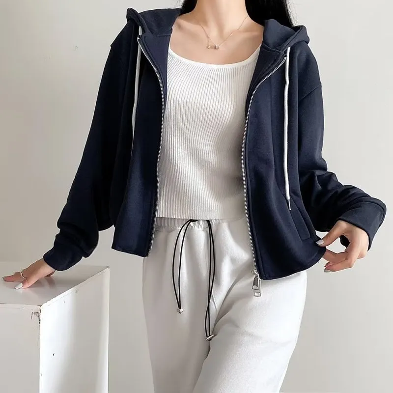 Double Headed Zipper Drawstring Hoodie Women Clothing Curved Hem Hoodie Warm