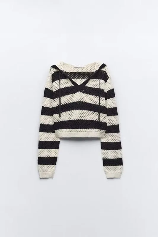 Early Autumn Retro Pullover V neck Loose Short Striped Hooded Sweater Top