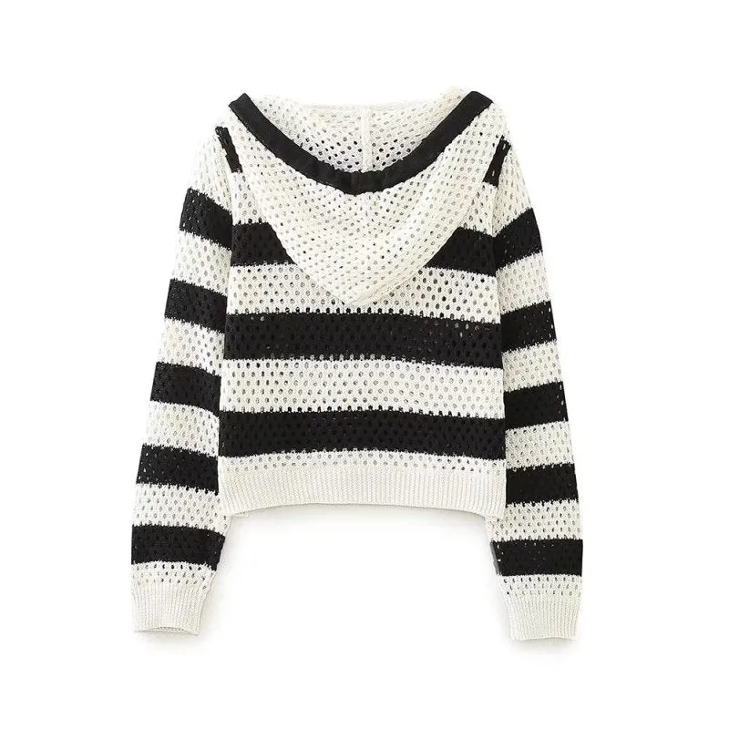 Early Autumn Retro Pullover V neck Loose Short Striped Hooded Sweater Top