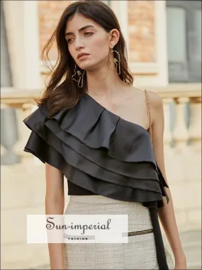 Elegant Satin Black Asymmetrical Women One Shoulder top with Layered Ruffles Hem detail Summer Blouse