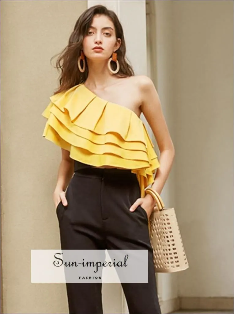 Elegant Satin Black Asymmetrical Women One Shoulder top with Layered Ruffles Hem detail Summer Blouse