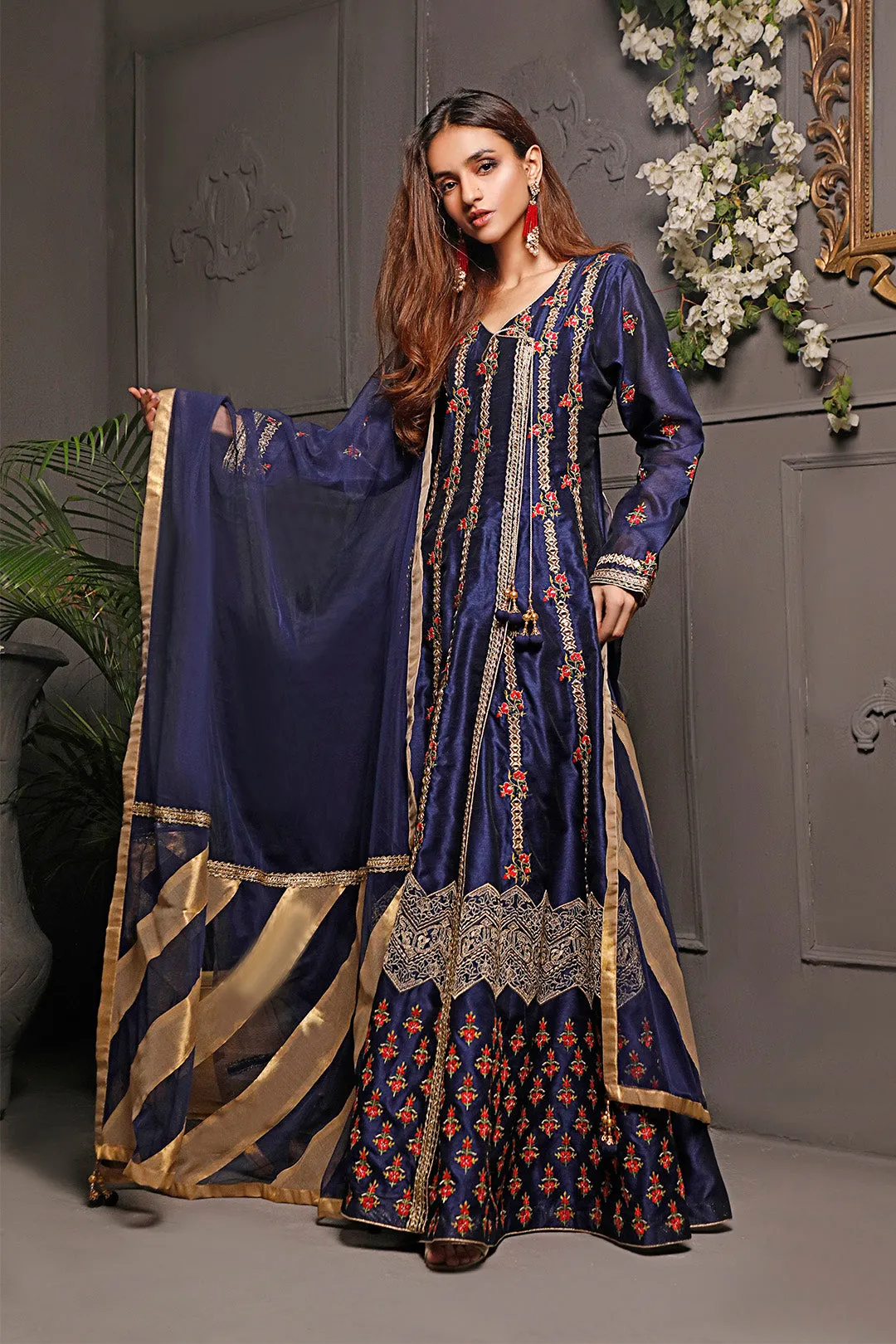 Embroidered Raw Silk Angharka Style Long Maxi | Nikhaar | M202023