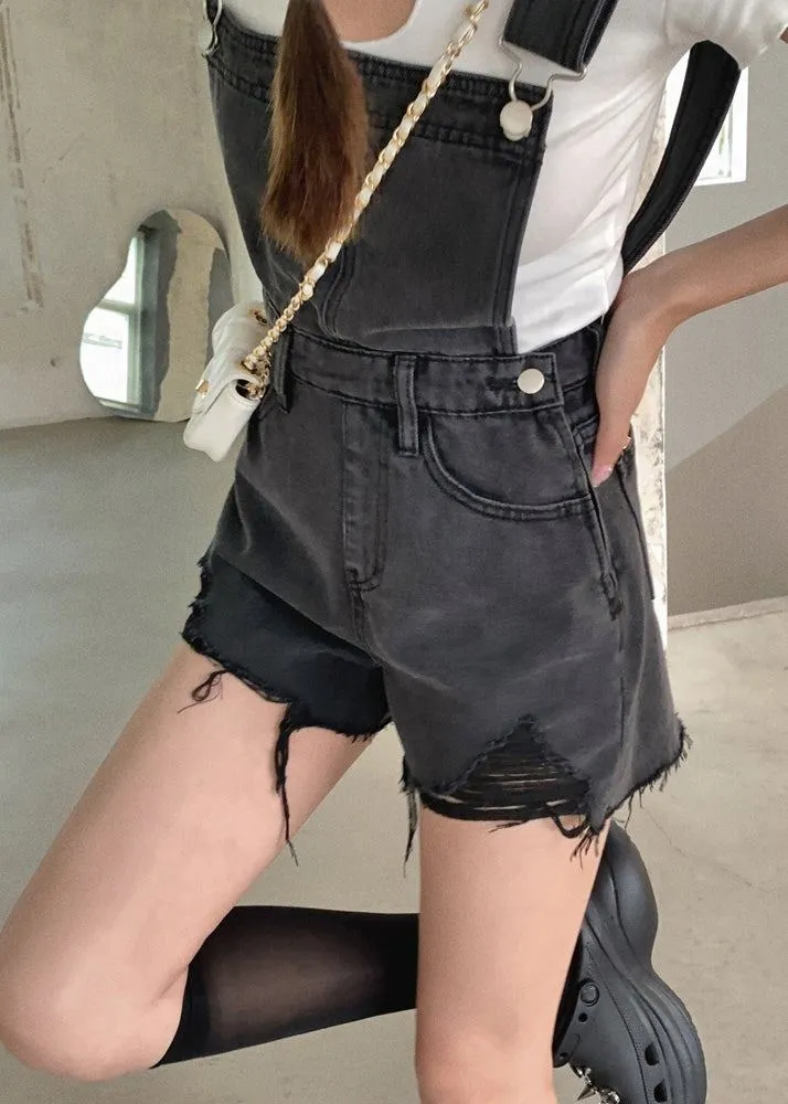 Even Supermodels Wear Overalls short ripped black denim overalls