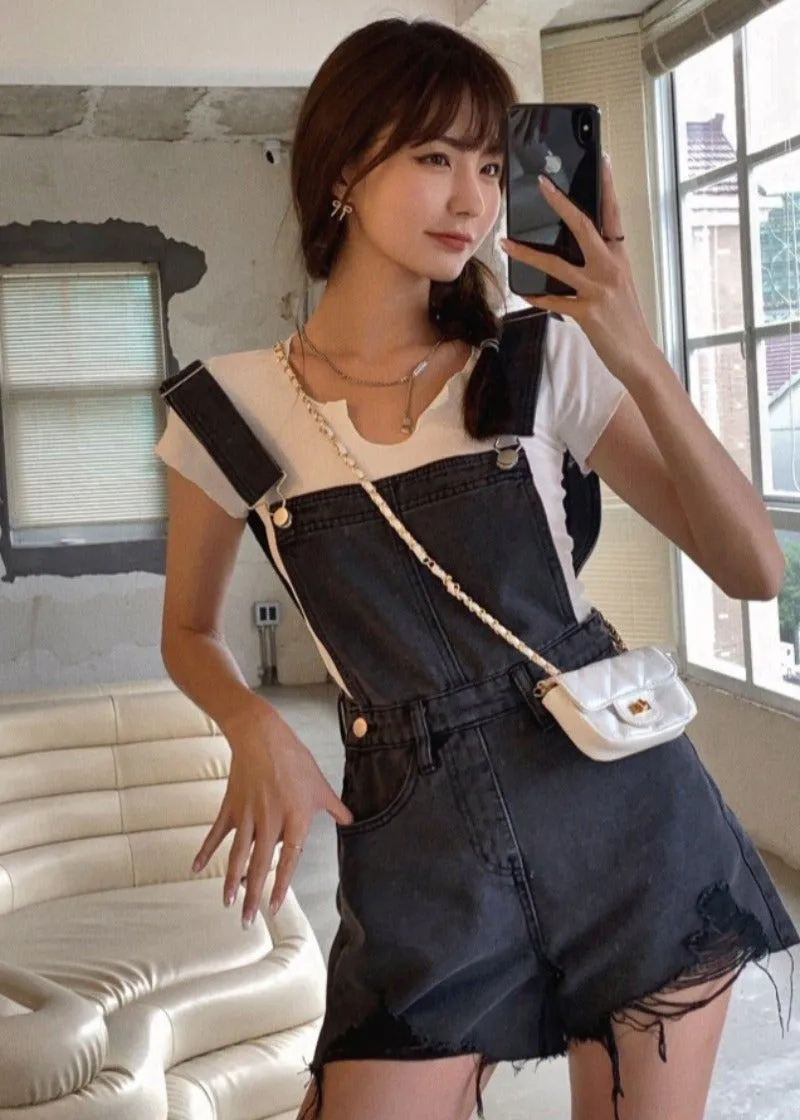 Even Supermodels Wear Overalls short ripped black denim overalls