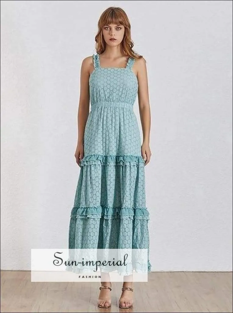 Fano Dress- Vintage Solid Sleeveless Lace Ruffle Cami Strap Maxi Dress L