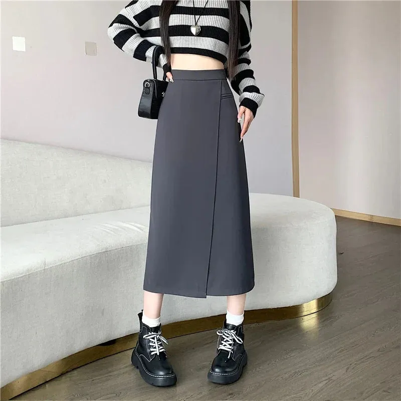 FashionSierra - 2024 Autumn New Fashion High Waist Midi Womens Solid Color Casual A-line Long Korean Ladies Elegant Skirt