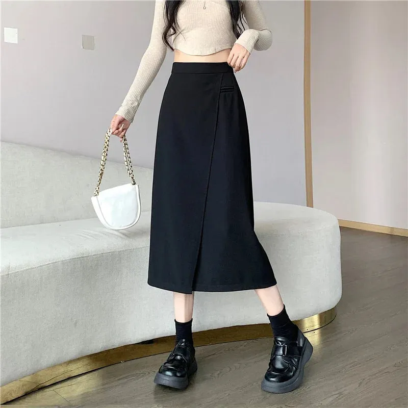 FashionSierra - 2024 Autumn New Fashion High Waist Midi Womens Solid Color Casual A-line Long Korean Ladies Elegant Skirt