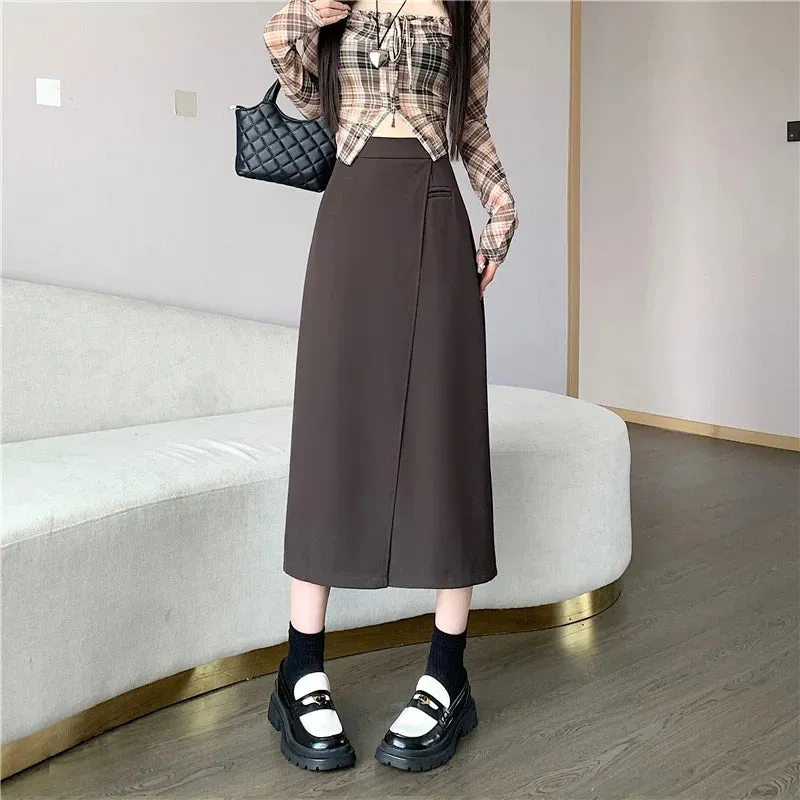 FashionSierra - 2024 Autumn New Fashion High Waist Midi Womens Solid Color Casual A-line Long Korean Ladies Elegant Skirt