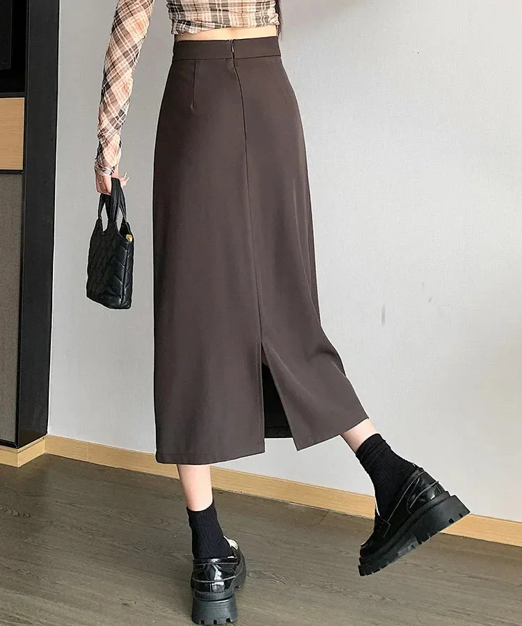 FashionSierra - 2024 Autumn New Fashion High Waist Midi Womens Solid Color Casual A-line Long Korean Ladies Elegant Skirt