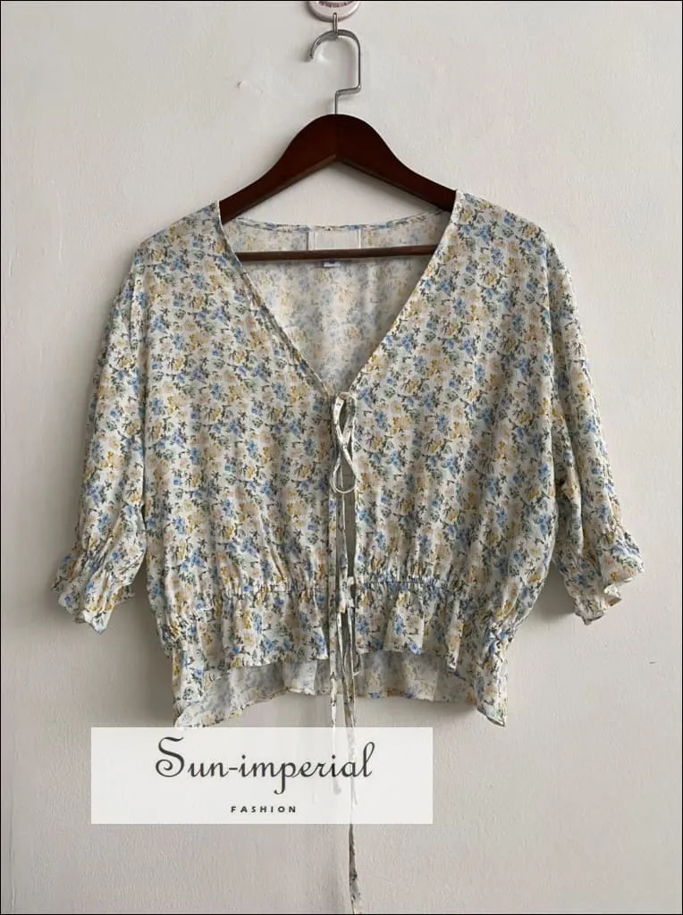 Floral Print Half Sleeve Women Blouse Canter Lace- Ruffled V-neck top