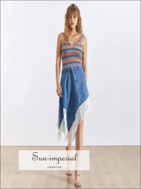 Florence Skirt - Korean Patchwork Denim Skirt for Women High Waist Slim Hem Irregular Skirt