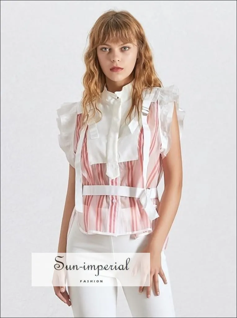 Gabriella top - Women Vintage Sheer Striped Sleeveless Blouse Tie front Shirt