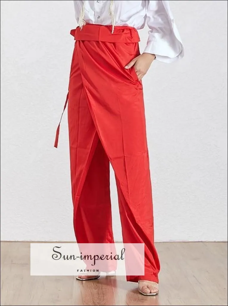 Giselle Pants - Solid Trousers for Women High Waist Wide Leg Warp Pants