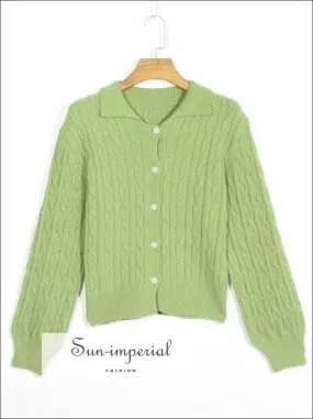 Green Turn Down Collar Flower Shaped Buttons Knitted Long Sleeve Women Cardigan Sweater