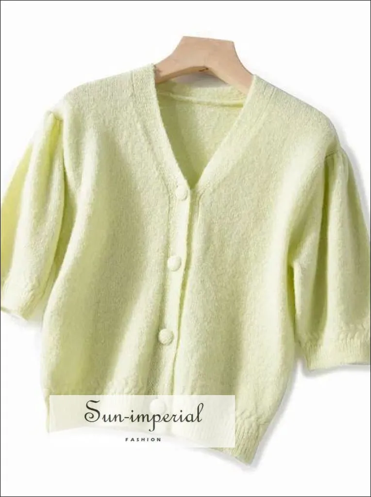 Green Women Short Sleeve Knitted Cardigan Single Breasted Sweater top