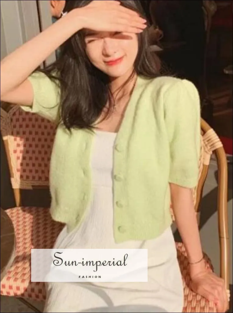 Green Women Short Sleeve Knitted Cardigan Single Breasted Sweater top