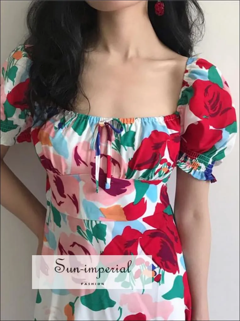 Green - Women Square Neck Floral Print Mini Dress with Puff Sleeve