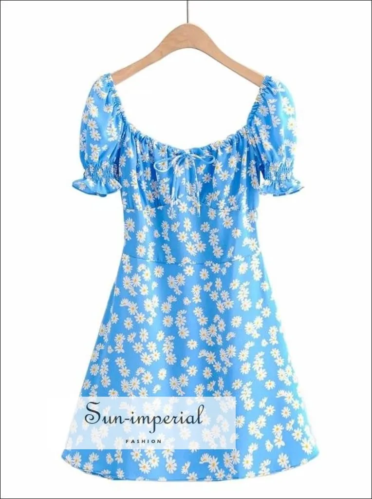 Green - Women Square Neck Floral Print Mini Dress with Puff Sleeve