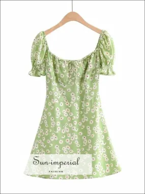 Green - Women Square Neck Floral Print Mini Dress with Puff Sleeve