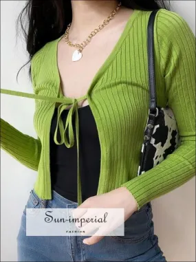 Green Women Tie front Crop Rib Knit Cardigan