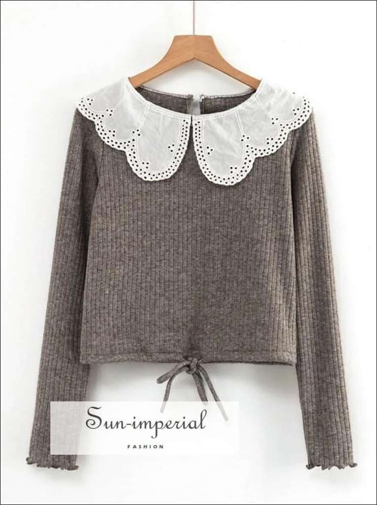 Grey Ribbed Long Sleeve Women top Blouse with White Lace Peter Pan Collar