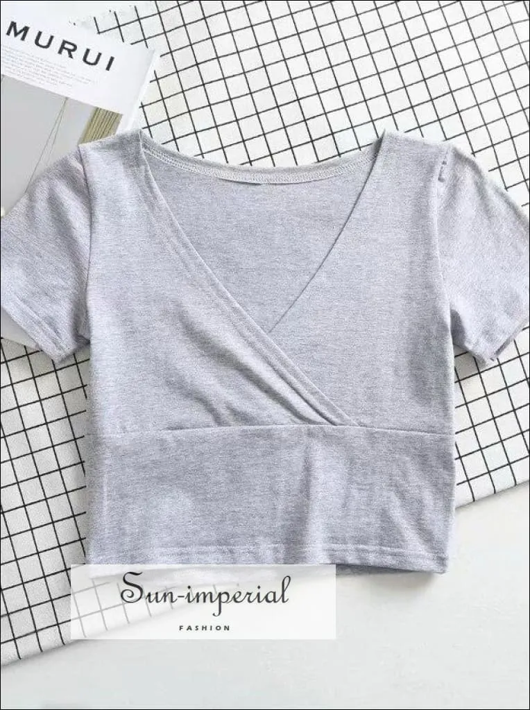 Grey V-neck Warp Women Short Sleeve T-shirt Cotton Solid Tee