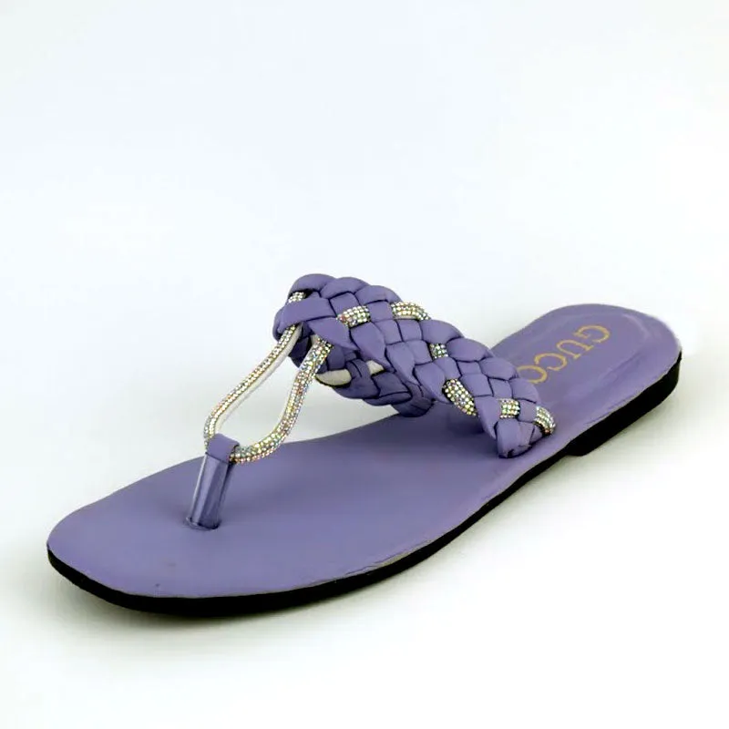 GU Flat Slippers Rhinestone Braided Style Women Thong Sandal