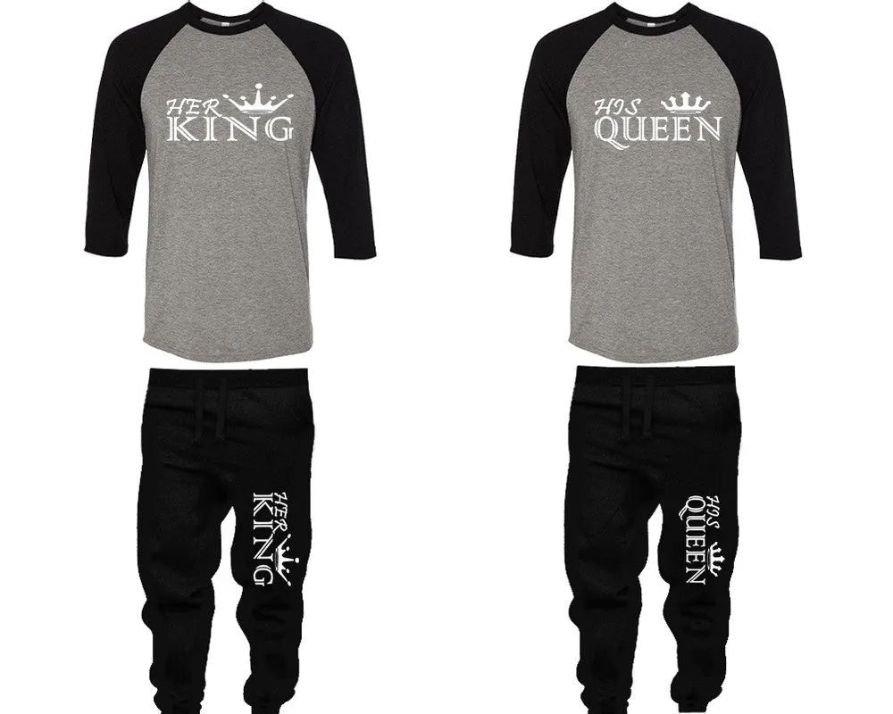 Her King His Queen Couple Matching Baseball Shirts and Jogger Pants Top Bottom Sets